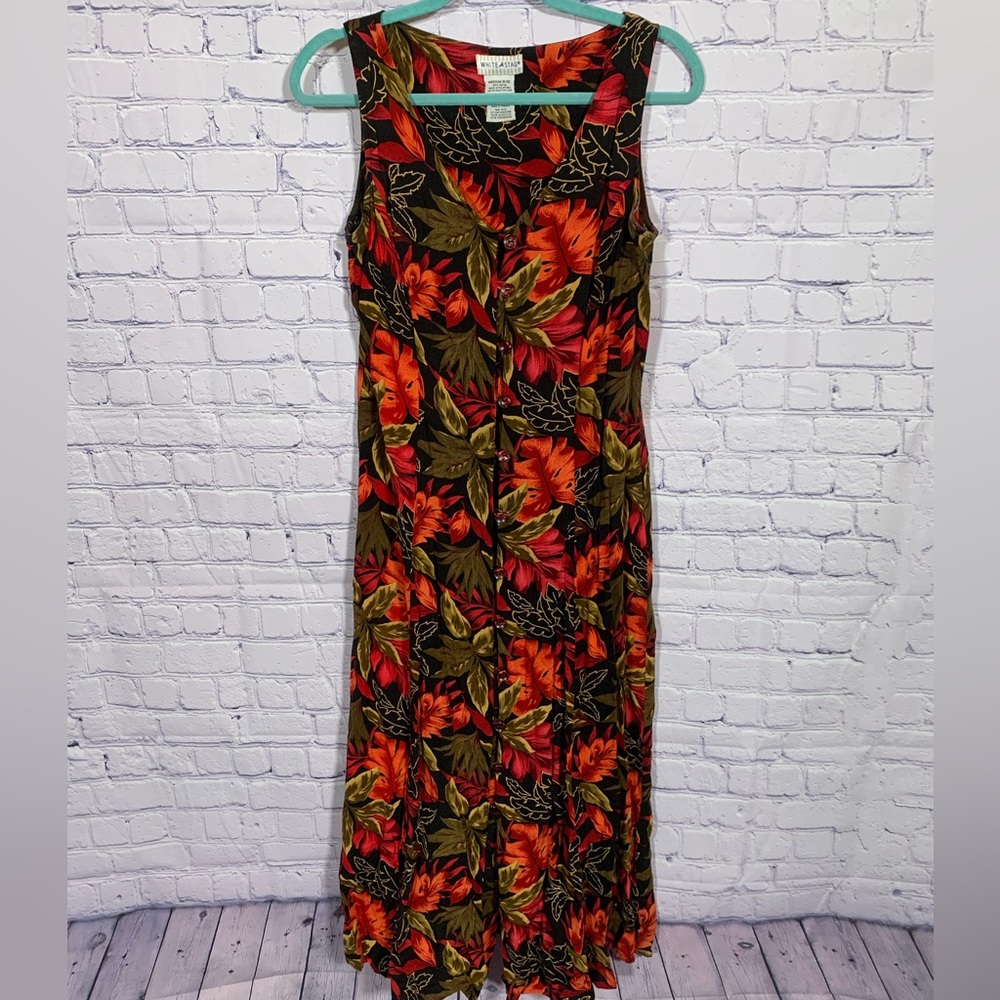 White Stage Womens VTG Sleeveless Maxi Dress Dark Floral Button Front M Casual
